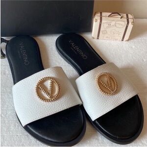 Valentino Women's White and Gold Slide Sandals